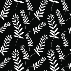 Vector seamless pattern with leaves on black isolated hand drawn background.Botanical,Spring,Summer doodle style white line print.Designs for textiles,fabic,wrapping paper,packaging,web,invitations.