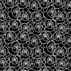 Vector seamless pattern with flowers on black isolated hand drawn background.Botanical,Spring,Summer doodle style white line print.Designs for textiles,fabic,wrapping paper,packaging,web,invitations.