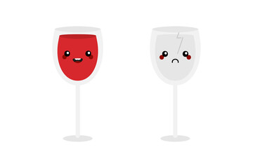 Cartoon style red wine glasses characters, happy smiling and sad broken.