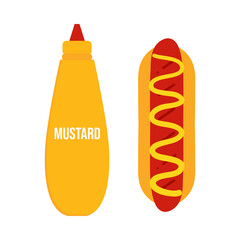 Hot dog with mustard sauce and bottle of mustard cute carton style vector icon, illustration for food design.