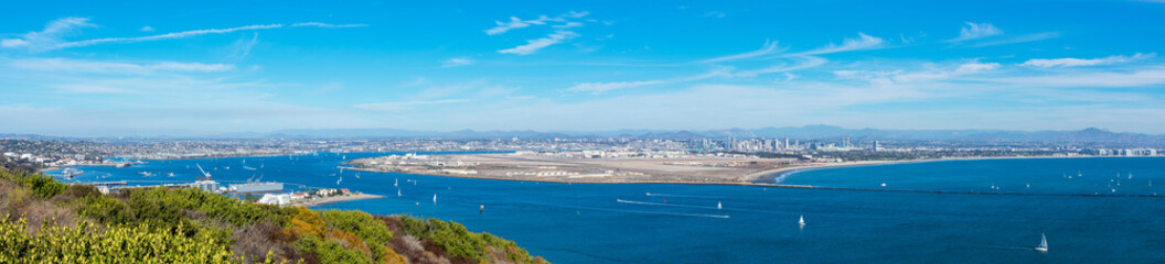 Panoramic view of San Diego Bay and Coronado Island from observation point at Cabrillo National Monument on Point Loma peninsula