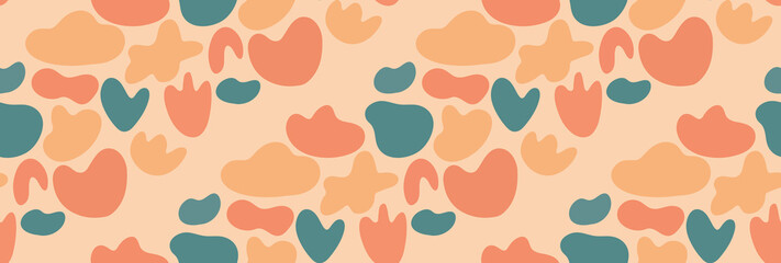 Cute childish abstract seamless pattern with colorful organic shapes arranged in diagonal lines. Vector background with organic shapes in boho colors. Limited palette. Textile, fabric, paper design.