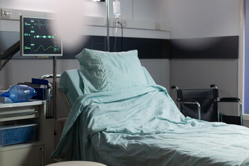 Recovery Room with beds and comfortable medical equipped in a hospital. Clean and empty room with a bed in the new medical center. Iv drip and in modern clinic.