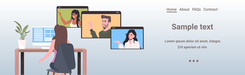woman chatting with colleagues in web browser windows during video call online conference meeting remote work