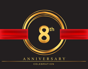 8th anniversary design logotype golden color with ring and red ribbon for anniversary celebration, elegant design.