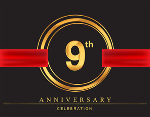 9th anniversary design logotype golden color with ring and red ribbon for anniversary celebration, elegant design.