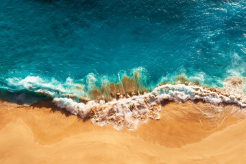 Relaxing aerial beach scene, summer vacation holiday template banner. Waves surf with amazing blue...