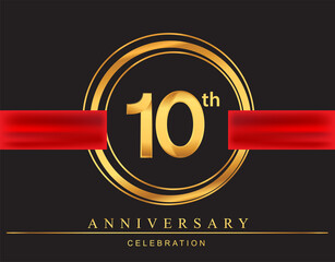 10th anniversary design logotype golden color with ring and red ribbon for anniversary celebration, elegant design.