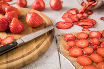 Frische und getrocknete Erdbeeren aus dem Dörrautomat für Haltbarkeit, Vorrat und Speisekammer...