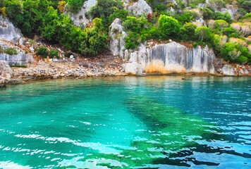 Underwater Lycia ruins of ancient Simena, small Turkish island Kekova (Caravola), near Demre,...