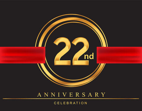 22nd anniversary design logotype golden color with ring and red ribbon for anniversary celebration, elegant design.