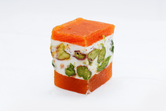 apricot covered Nougat and Malban Arabian and Lebanese Sweets isolated white background 