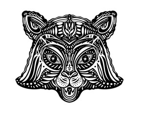 Tiger exotic animal head in lunar zodiac style. Hand drawn wild cat magic composition retro traditional tattoo style.