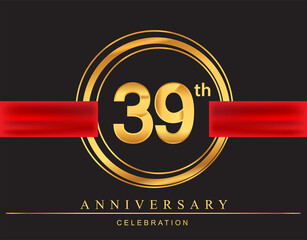 39th anniversary design logotype golden color with ring and red ribbon for anniversary celebration, elegant design.