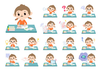 勉強に関するさるの女の子のセット