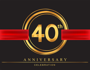 40th anniversary design logotype golden color with ring and red ribbon for anniversary celebration, elegant design.