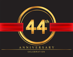 44th anniversary design logotype golden color with ring and red ribbon for anniversary celebration, elegant design.