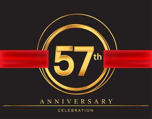 57th anniversary design logotype golden color with ring and red ribbon for anniversary celebration, elegant design.