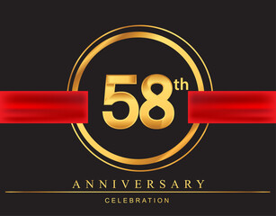 58th anniversary design logotype golden color with ring and red ribbon for anniversary celebration, elegant design.