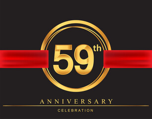 59th anniversary design logotype golden color with ring and red ribbon for anniversary celebration, elegant design.