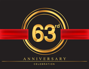 63rd anniversary design logotype golden color with ring and red ribbon for anniversary celebration, elegant design.