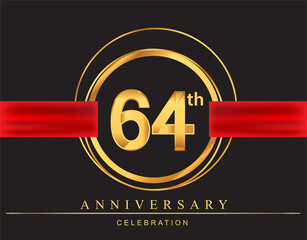 64th anniversary design logotype golden color with ring and red ribbon for anniversary celebration, elegant design.