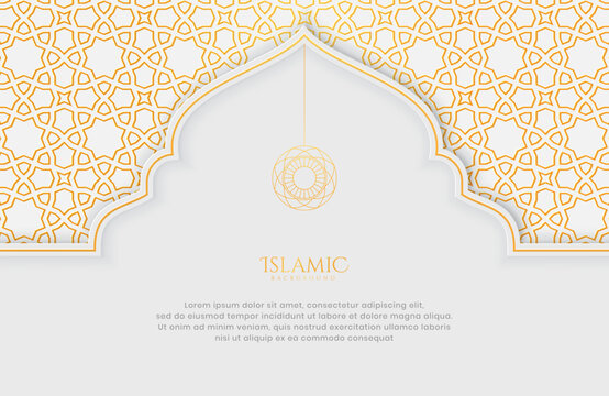Elegant Islamic white and golden luxury background with decorative patterns for Eid Mubarak celebration or greeting card