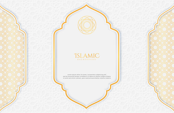 Elegant Islamic white and golden luxury background with decorative patterns for Eid Mubarak celebration or greeting card