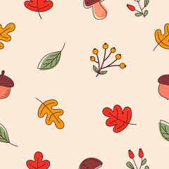 Seamless pattern with fall orange, red and green leaves, acorns, mushrooms and berries. Any size without seams, pattern is in the swatches pannel. Vector illustration