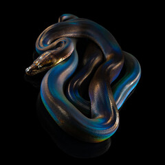 Reticulated Python (Python reticulatus) on black background. rainbow snake shimmers in different colors