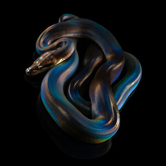 Reticulated Python (Python reticulatus) on black background. rainbow snake shimmers in different...