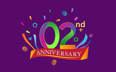 celebration 2nd anniversary background with colorful ribbon and confetti. Poster or brochure template. Vector illustration.