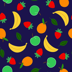 Fruits vector repeat pattern design, banana, strawberry, apple, orange