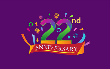 celebration 22nd anniversary background with colorful ribbon and confetti. Poster or brochure template. Vector illustration.