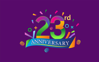 celebration 23rd anniversary background with colorful ribbon and confetti. Poster or brochure template. Vector illustration.