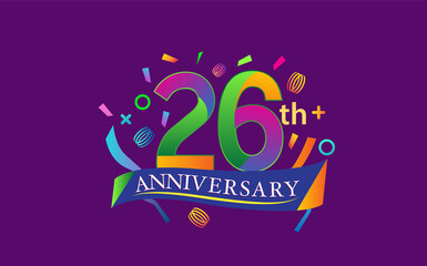 celebration 26th anniversary background with colorful ribbon and confetti. Poster or brochure template. Vector illustration.