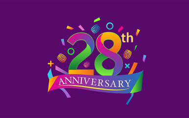 celebration 28th anniversary background with colorful ribbon and confetti. Poster or brochure template. Vector illustration.