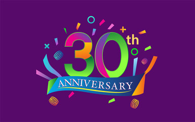 celebration 30th anniversary background with colorful ribbon and confetti. Poster or brochure template. Vector illustration.