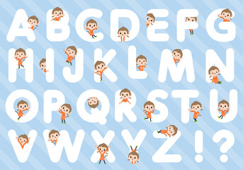 アルファベットと合わせてデザインされたさるの女の子のセット