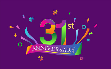 celebration 31st anniversary background with colorful ribbon and confetti. Poster or brochure template. Vector illustration.