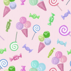 Seamless pattern. Multicolored sweets, ice cream, lollipops, candies on a light background, drawing with crayons.