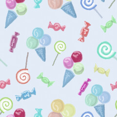 Seamless pattern. Multicolored sweets, ice cream, lollipops, candies on a light background, drawing with crayons.