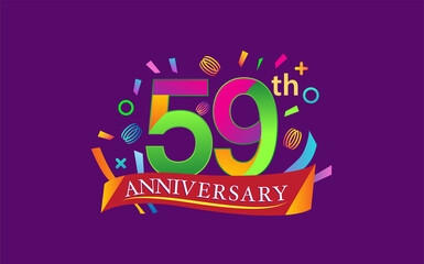 celebration 59th anniversary background with colorful ribbon and confetti. Poster or brochure template. Vector illustration.