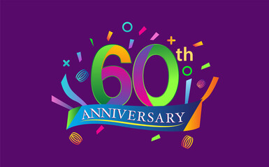 celebration 60th anniversary background with colorful ribbon and confetti. Poster or brochure template. Vector illustration.