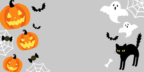 可愛くておしゃれなかぼちゃとおばけと黒猫のハロウィンのベクターイラスト背景(フレーム)