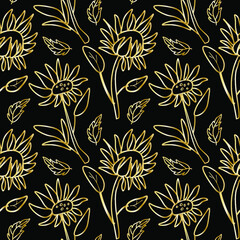 Vector seamless pattern with golden flowers on black isolated hand drawn background.Botanical,Spring,Summer doodle style line print.Designs for textiles,fabic,wrapping paper,packaging,invitations.