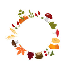 Autumn template, text frame in the center, in the shape of a circle. Pictures with socks, coffee, wheat, pumpkin, mushrooms, carrots,rosehip. The vector illustration. For design or decoration