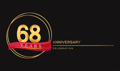 68th years anniversary celebration with golden color and ring, red ribbon for anniversary celebration