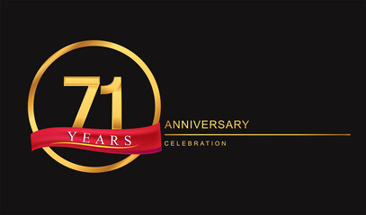71st years anniversary celebration with golden color and ring, red ribbon for anniversary celebration