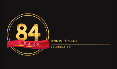 84th years anniversary celebration with golden color and ring, red ribbon for anniversary celebration